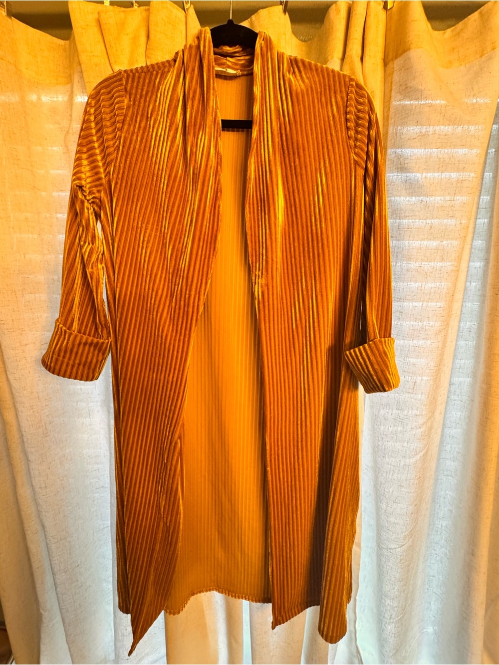 Women’s Long Velvet Open-Front Coatigan in Mustard